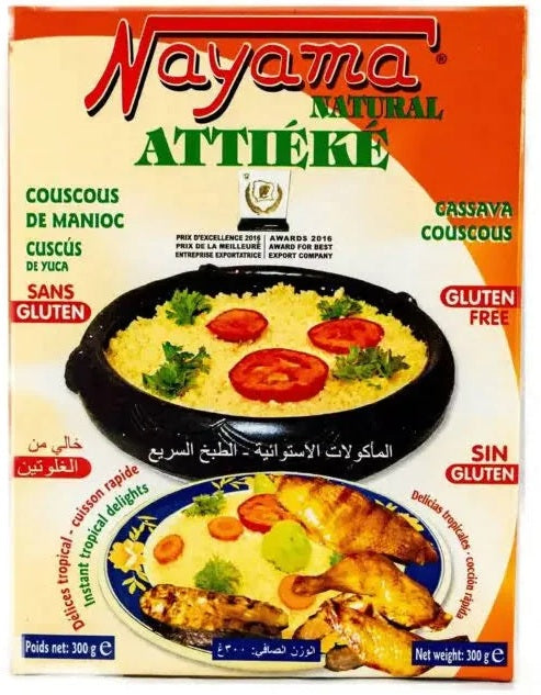 Nayama Natural Attiéké 300g package featuring fluffy, light fermented cassava grains by Super-Bobo.