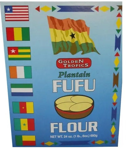 24 oz package of Golden Tropics Plantain Fufu by super-bobo, featuring a vibrant yellow color and textured appearance.
