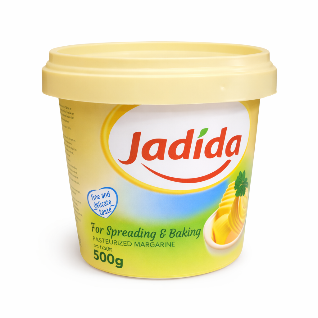 Super Bobo Jadida Margarine 500g for spreading and baking, showing a tub of creamy margarine with the brand label visible.