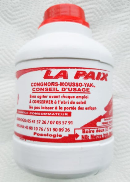 La Paix Congnons-Moussos 16oz beverage bottle with vibrant label showcasing the Super-Bobo brand.
