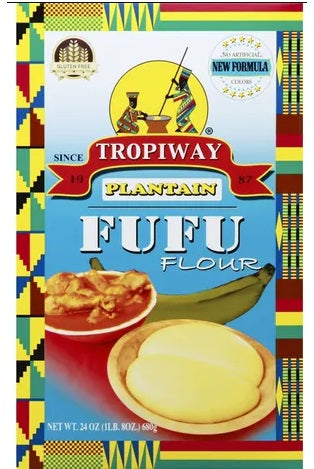Tropiway Fufu Flour 1.5 lb bag by super-bobo, featuring a vibrant design with plantain imagery on the package.